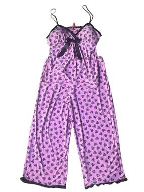 Vintage y2k early 2000s Pink Heart-Print Satin Pajama set with Black Trim